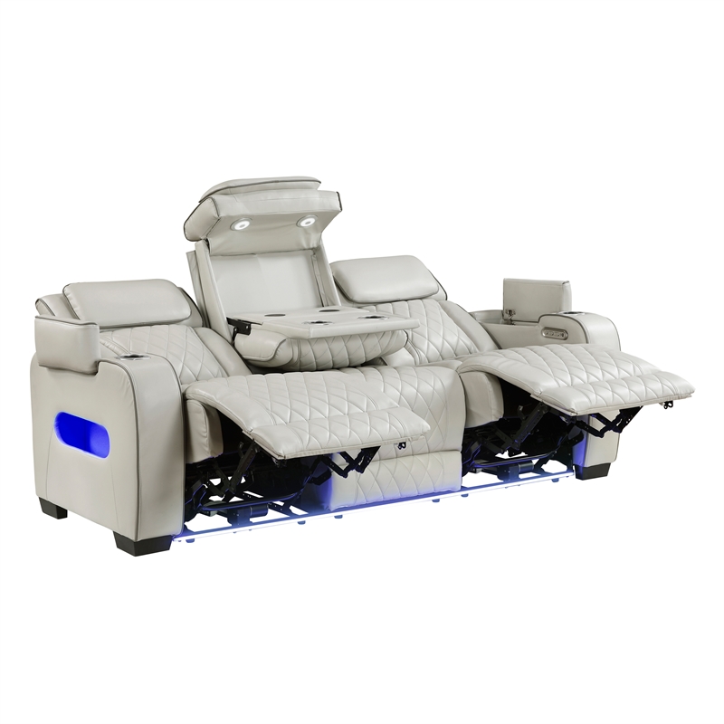 Pemberly Row Faux Leather Power Reclining Sofa LED Wireless USB in Taupe