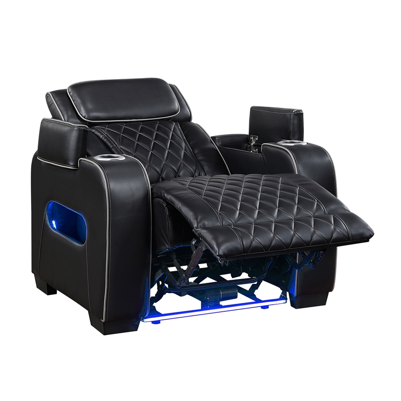 Pemberly Row Faux Leather Power Recliner with LED USB Storage Arms in Black