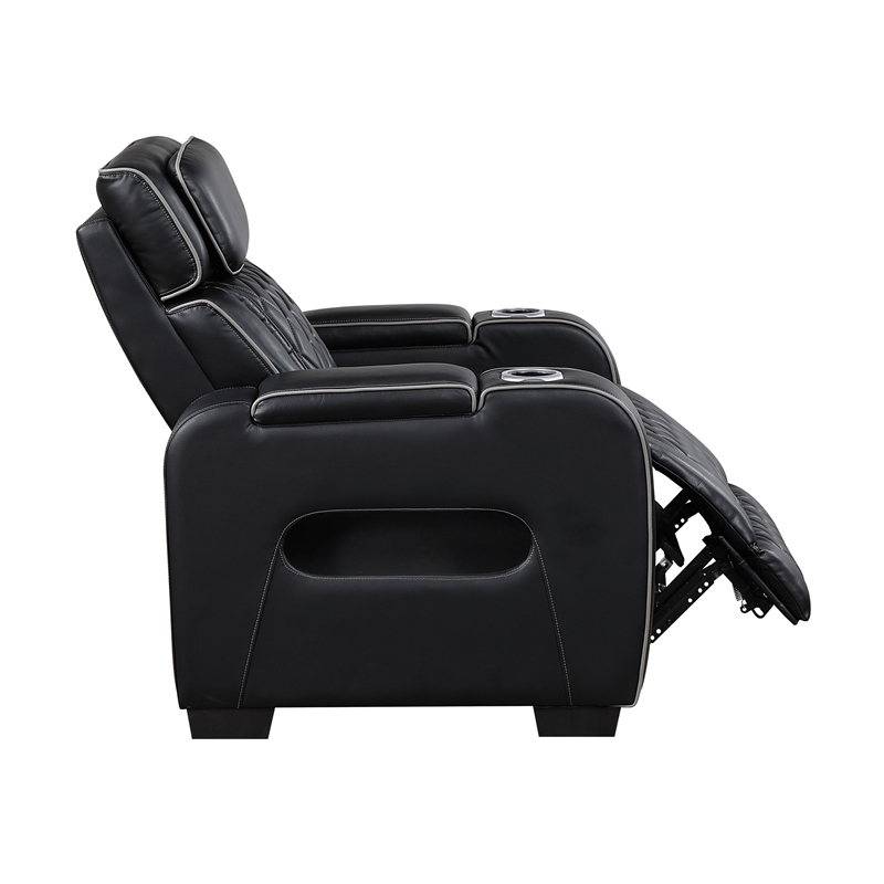 Pemberly Row Faux Leather Power Recliner with LED USB Storage Arms in Black