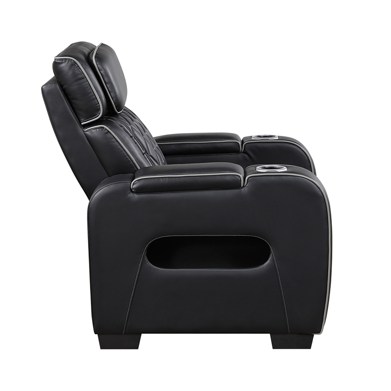 Pemberly Row Faux Leather Power Recliner with LED USB Storage Arms in Black