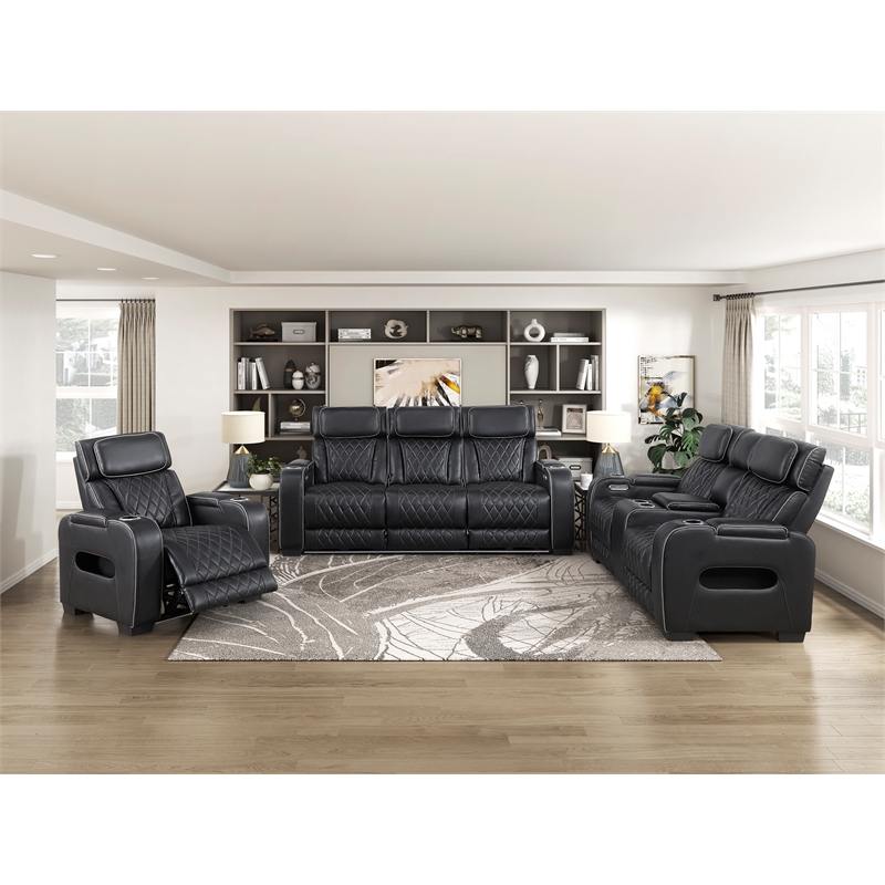 Pemberly Row Faux Leather Power Recliner with LED USB Storage Arms in Black