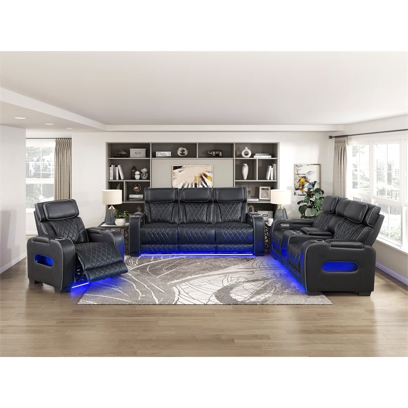Pemberly Row Faux Leather Power Recliner with LED USB Storage Arms in Black