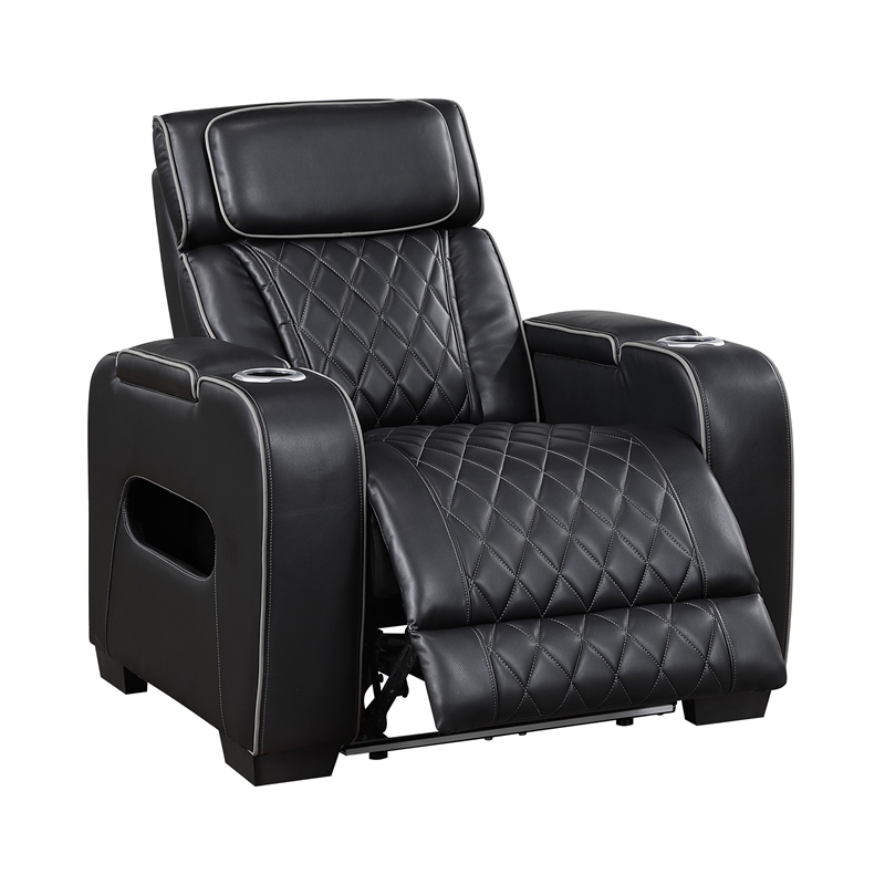 Pemberly Row Faux Leather Power Recliner with LED USB Storage Arms in Black