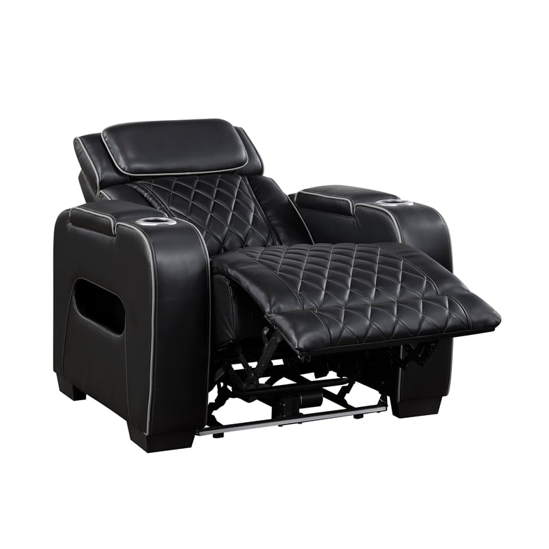 Pemberly Row Faux Leather Power Recliner with LED USB Storage Arms in Black