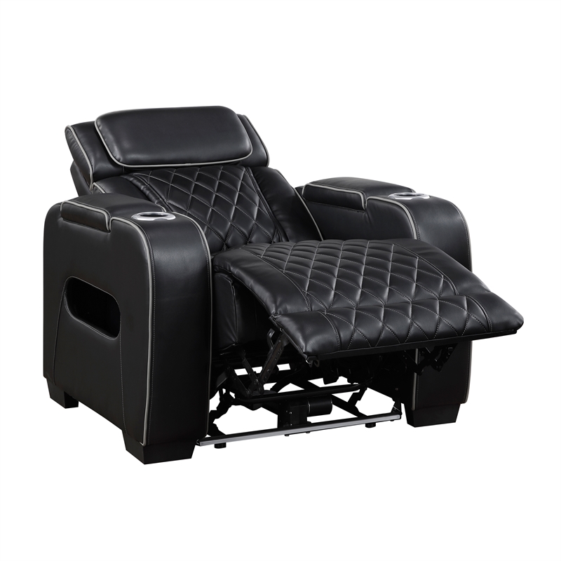 Pemberly Row Faux Leather Power Recliner with LED USB Storage Arms in Black