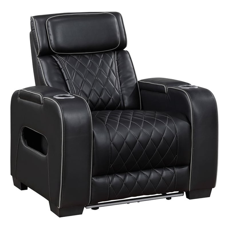 Pemberly Row Faux Leather Power Recliner with LED USB Storage Arms in Black