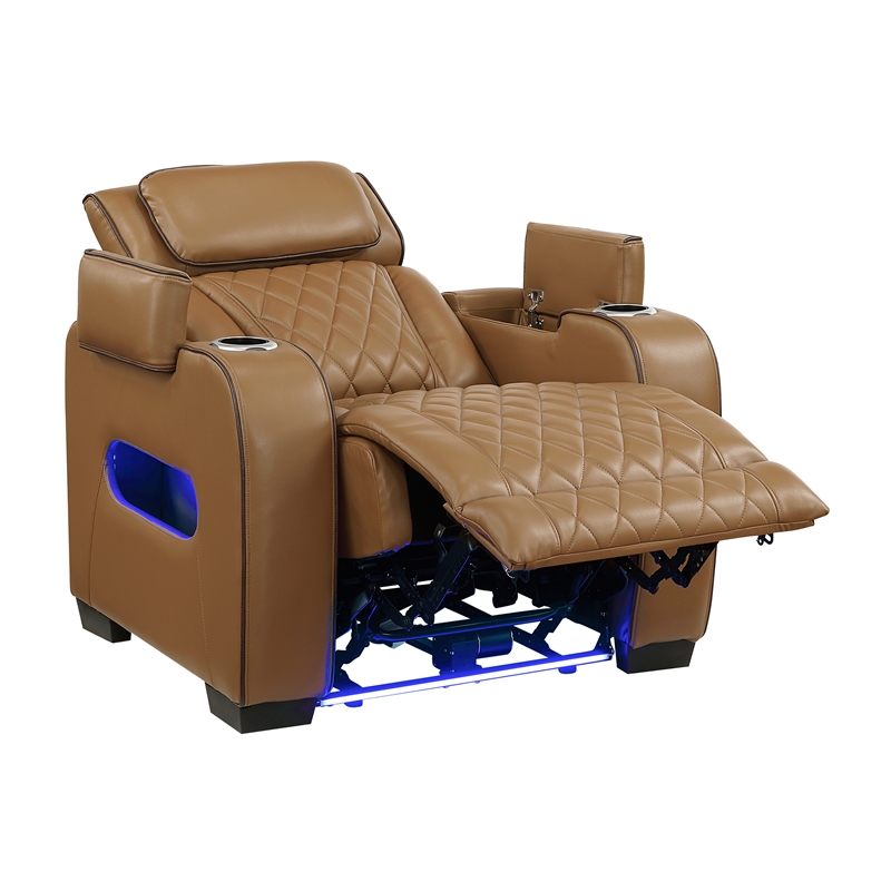 Pemberly Row Faux Leather Power Recliner with LED USB Storage Arms in Brown