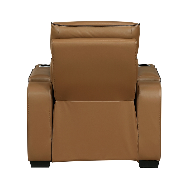 Pemberly Row Faux Leather Power Recliner with LED USB Storage Arms in Brown