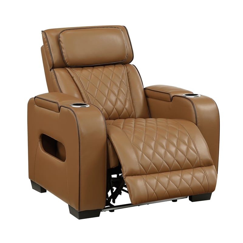 Pemberly Row Faux Leather Power Recliner with LED USB Storage Arms in Brown