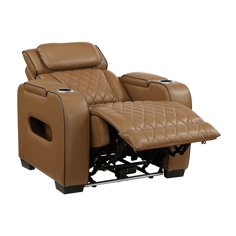 Pemberly Row Faux Leather Power Recliner with LED USB Storage Arms in Brown