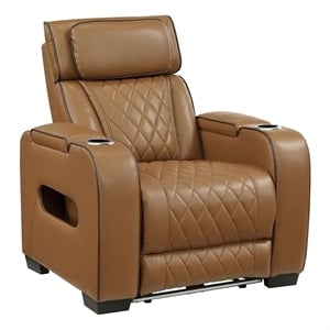Pemberly Row Faux Leather Power Recliner with LED USB Storage Arms in Brown