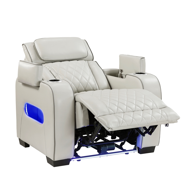 Pemberly Row Faux Leather Power Recliner with LED USB Storage Arms in Taupe