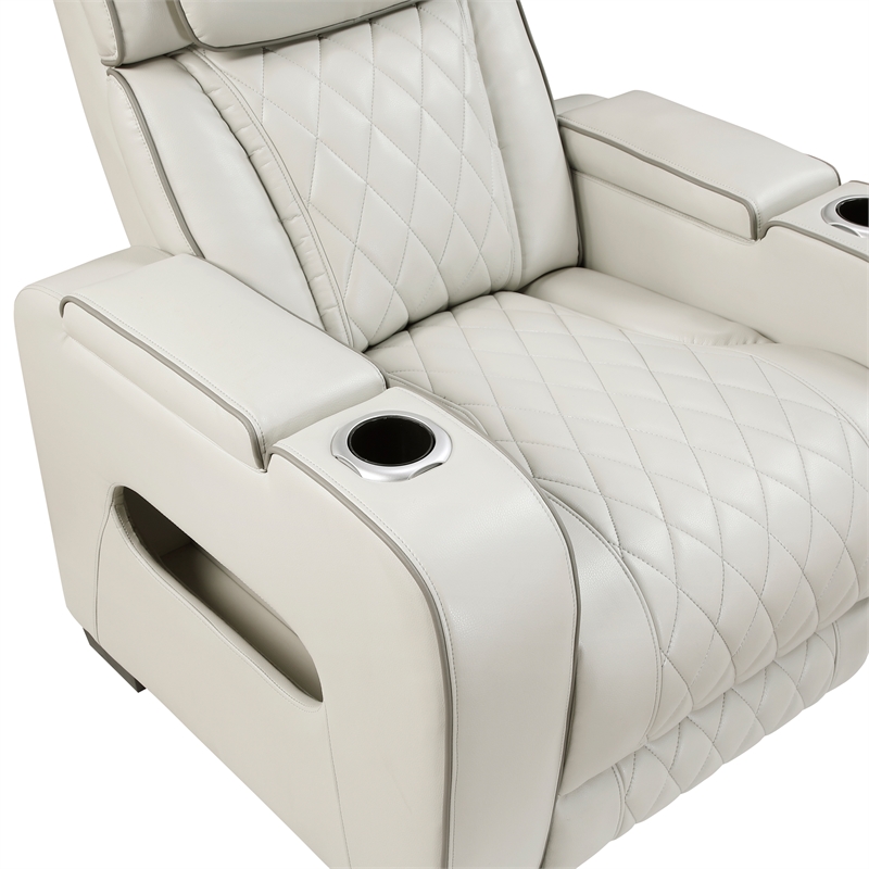 Pemberly Row Faux Leather Power Recliner with LED USB Storage Arms in Taupe