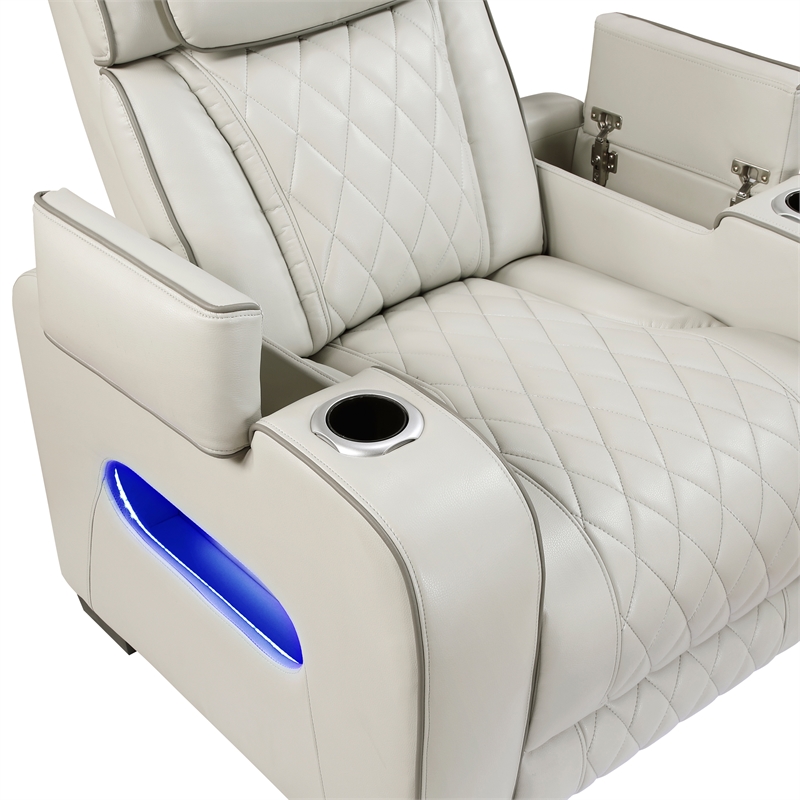 Pemberly Row Faux Leather Power Recliner with LED USB Storage Arms in Taupe