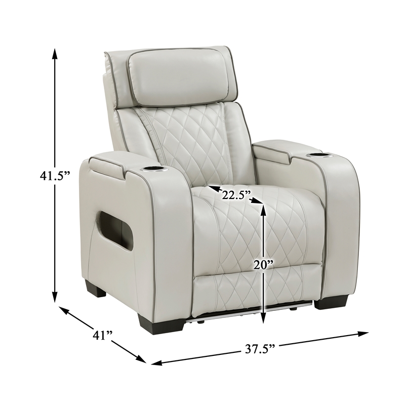 Pemberly Row Faux Leather Power Recliner with LED USB Storage Arms in Taupe