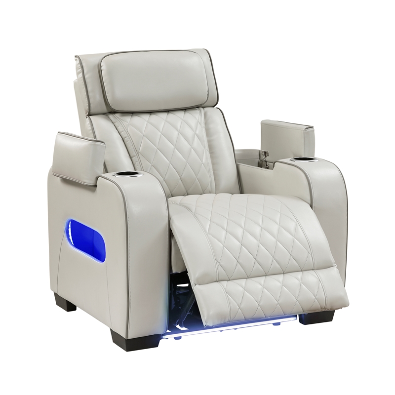Pemberly Row Faux Leather Power Recliner with LED USB Storage Arms in Taupe