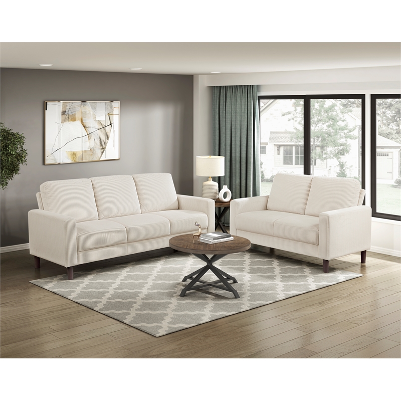 Pemberly Row Corduroy Fabric Loveseat with Track Arms Pocket Coils in Beige