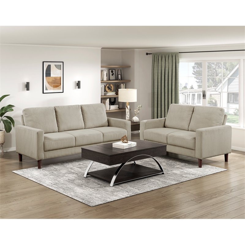 Pemberly Row Corduroy Fabric Sofa with Track Arms Pocket Coils in Taupe