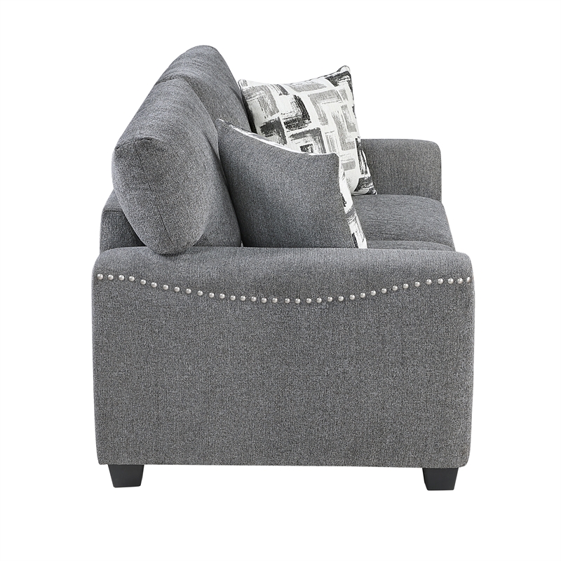 Pemberly Row Chenille Loveseat with Reversible Cushions Nailhead in Dark Gray