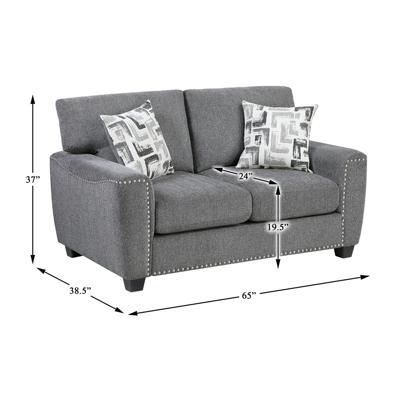 Pemberly Row Chenille Loveseat with Reversible Cushions Nailhead in Dark Gray
