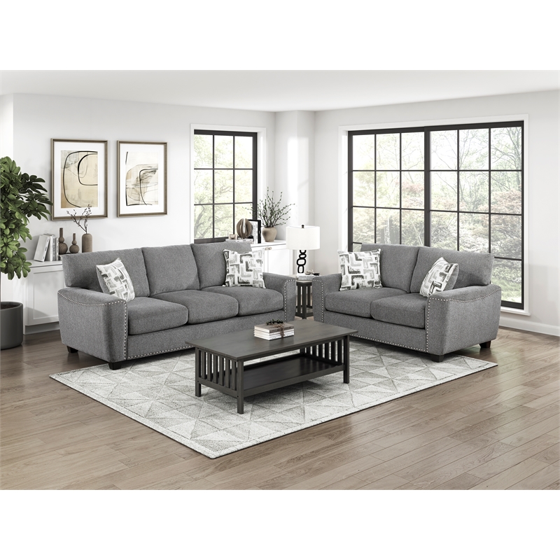 Pemberly Row Chenille Sofa with Reversible Cushions Nailhead Trim in Dark Gray