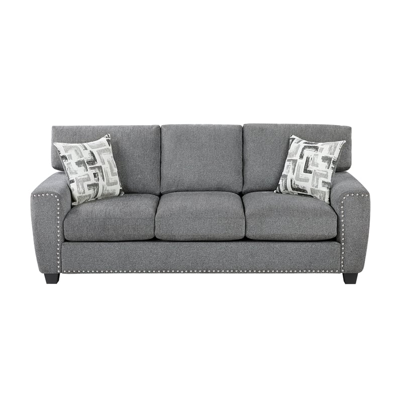Pemberly Row Chenille Sofa with Reversible Cushions Nailhead Trim in Dark Gray