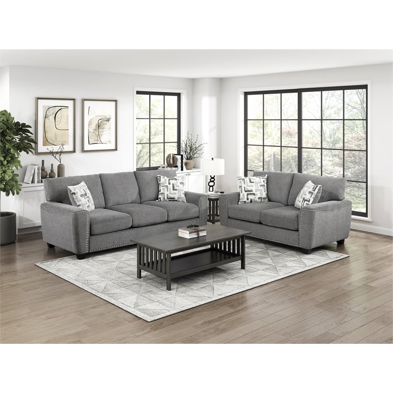 Pemberly Row Chenille Loveseat Reversible Cushions Nailhead Pillows in Dark Gray