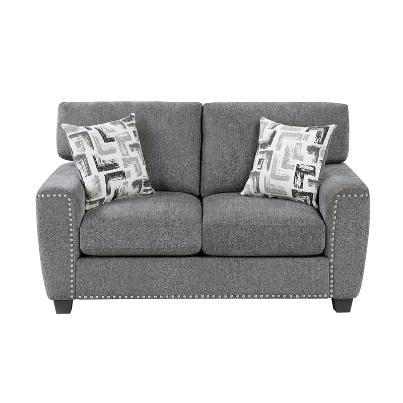 Pemberly Row Chenille Loveseat Reversible Cushions Nailhead Pillows in Dark Gray