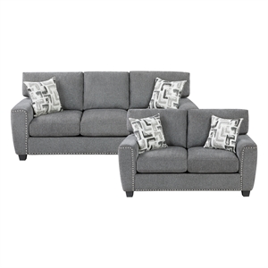 Pemberly Row Chenille Loveseat Reversible Cushions Nailhead Pillows in Dark Gray