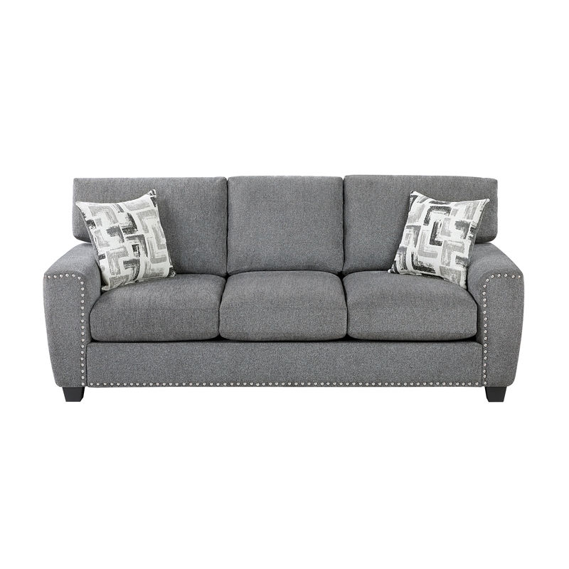 Pemberly Row Sofa Reversible Cushions Nailhead Trim Pillows in Dark Gray