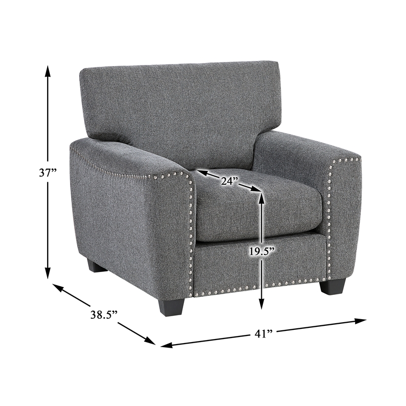 Pemberly Row Sofa Reversible Cushions Nailhead Trim Pillows in Dark Gray