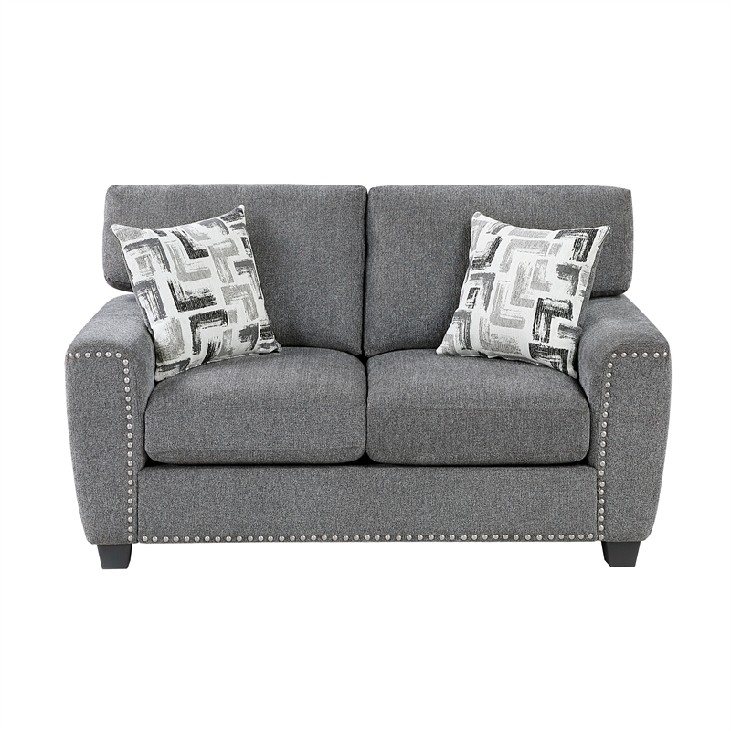 Pemberly Row Sofa Reversible Cushions Nailhead Trim Pillows in Dark Gray