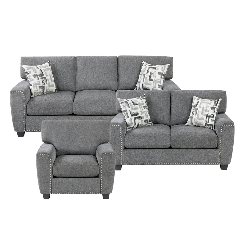 Pemberly Row Sofa Reversible Cushions Nailhead Trim Pillows in Dark Gray