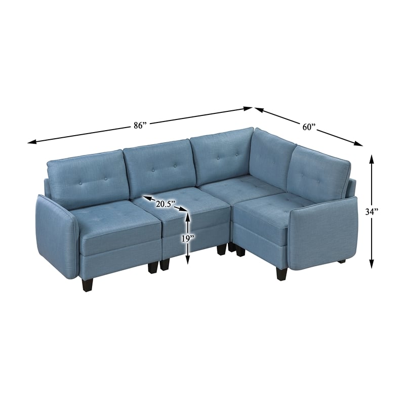 Pemberly Row Textured 4-Piece Modular Sectional Hidden Storage Tufted in Blue