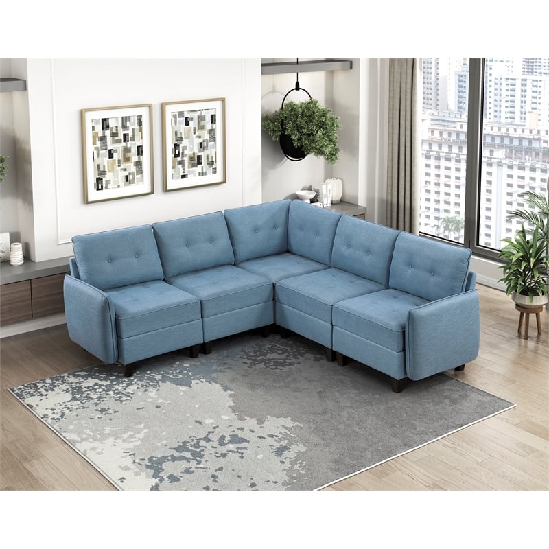 Pemberly Row Textured 5-Piece Modular Sectional Hidden Storage Tufted in Blue