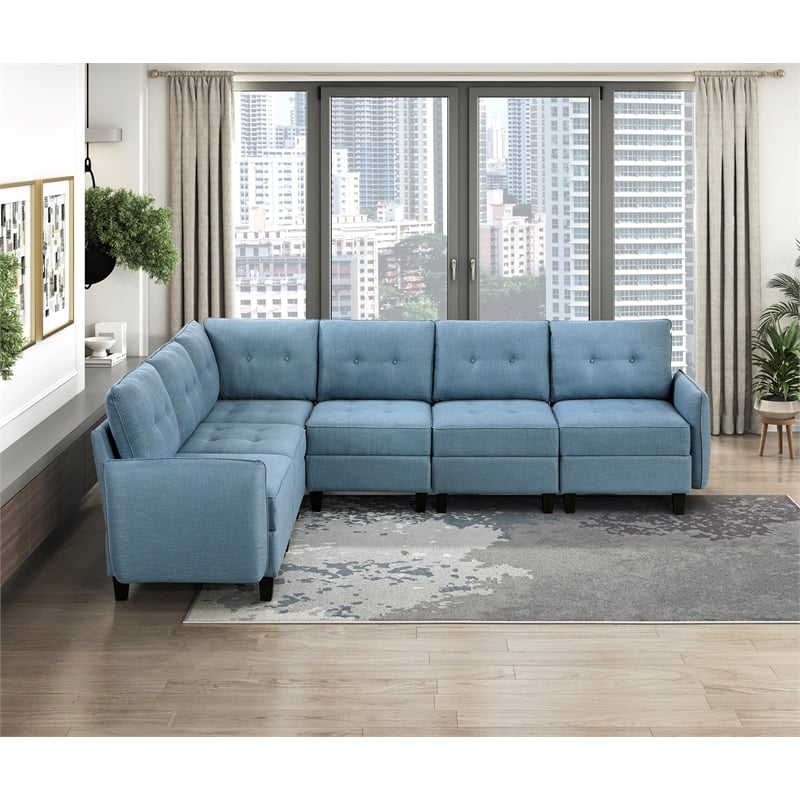 Pemberly Row Textured 6-Piece Modular Sectional Hidden Storage Tufted in Blue