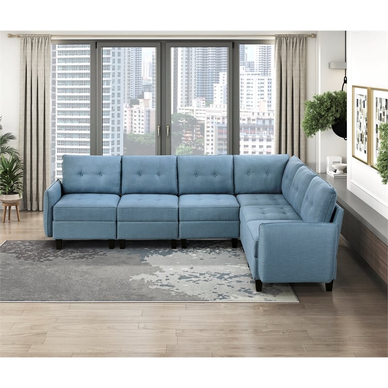 Pemberly Row Textured 6-Piece Modular Sectional Hidden Storage Tufted in Blue