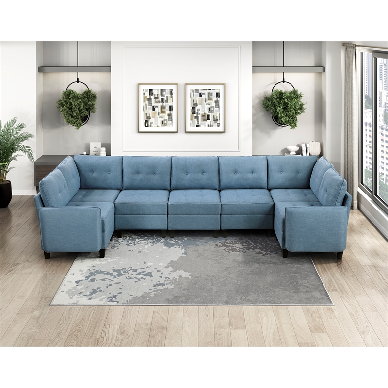 Pemberly Row Textured 7-Piece U-Shape Modular Sectional with Storage in Blue