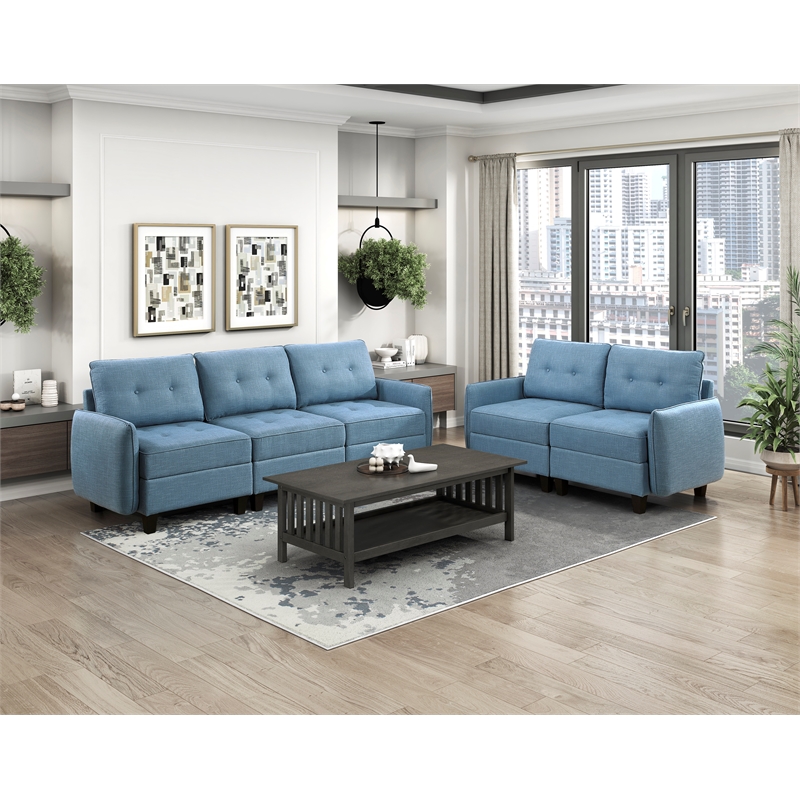 Pemberly Row Textured Modular Loveseat with Hidden Storage Tufted in Blue