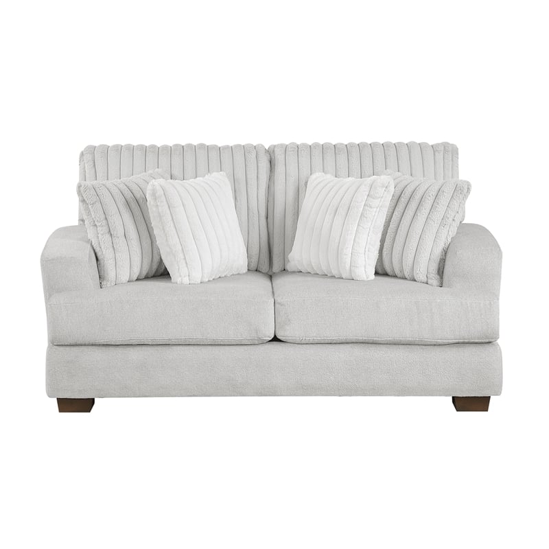 Pemberly Row Microfiber Loveseat Channel Tufted with Pillows in Light Gray