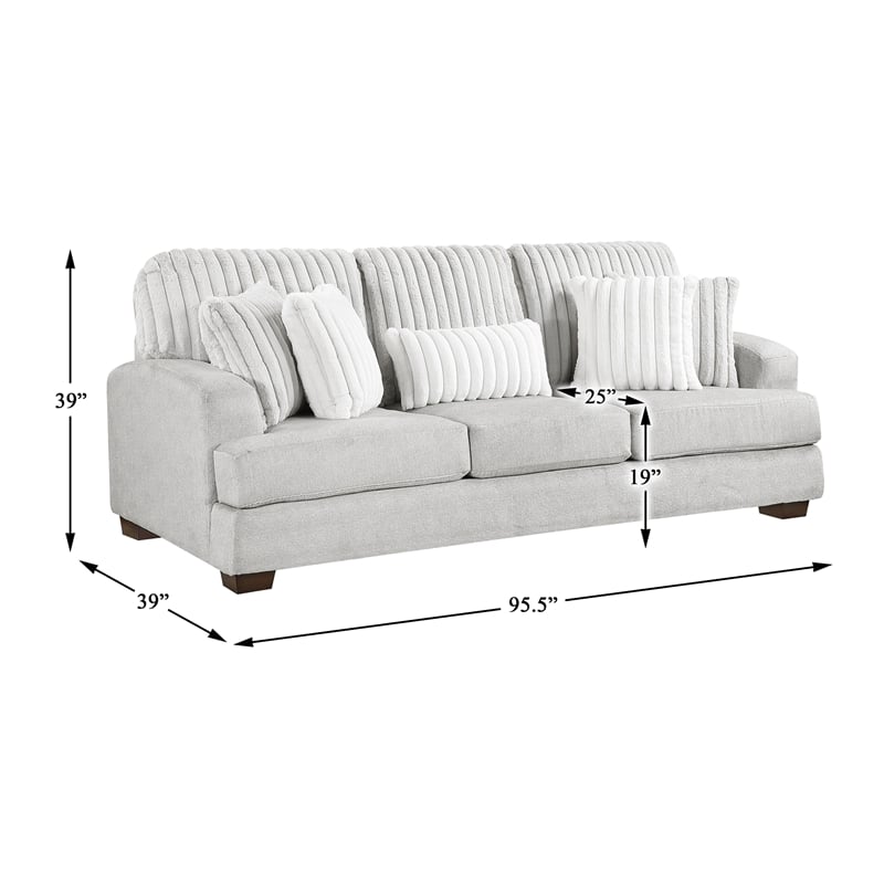 Pemberly Row Microfiber Sofa Channel Tufted with Decor Pillows in Light Gray
