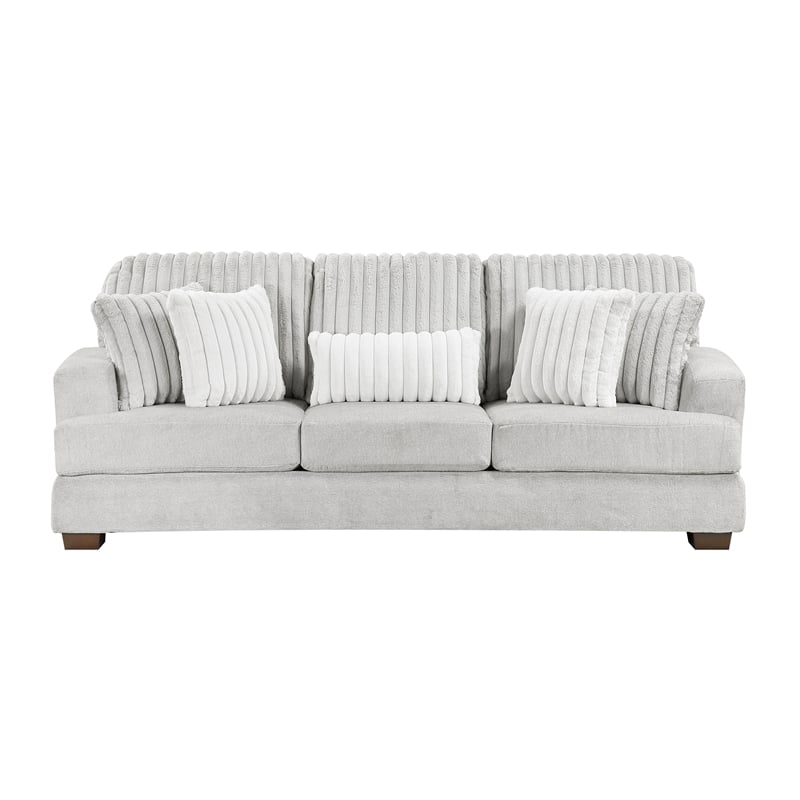 Pemberly Row Microfiber Sofa Channel Tufted with Decor Pillows in Light Gray