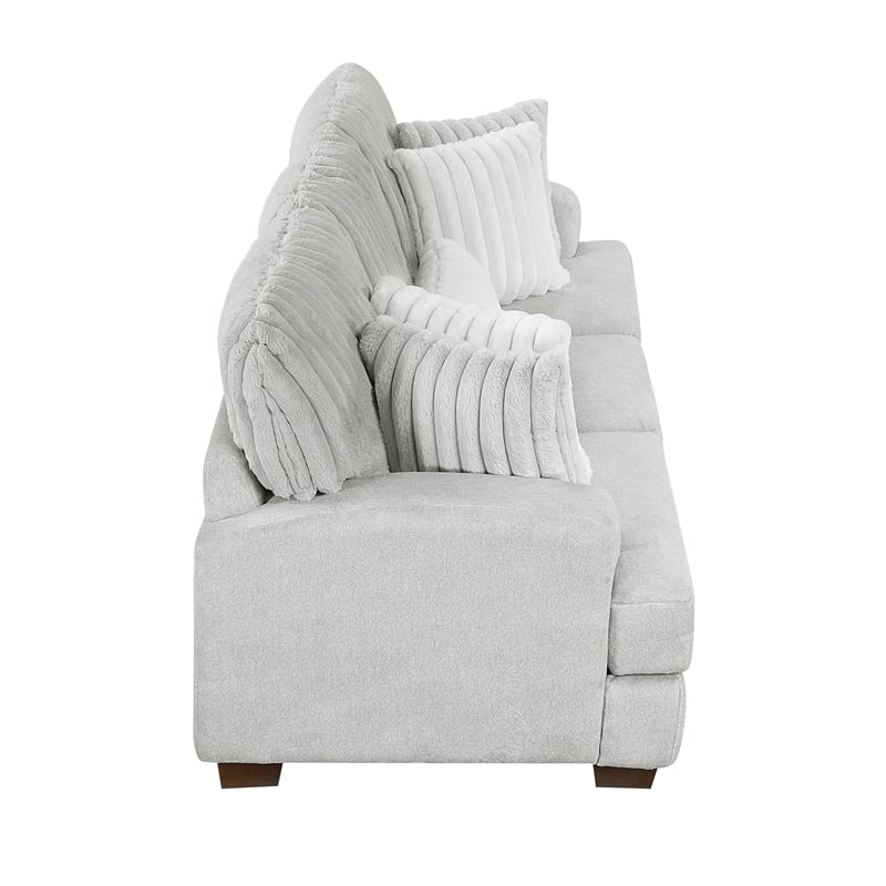 Pemberly Row Microfiber Sofa Channel Tufted with Decor Pillows in Light Gray