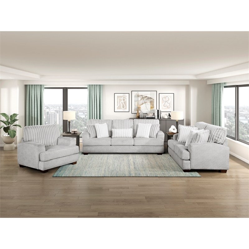 Pemberly Row Microfiber Sofa Channel Tufted with Decor Pillows in Light Gray