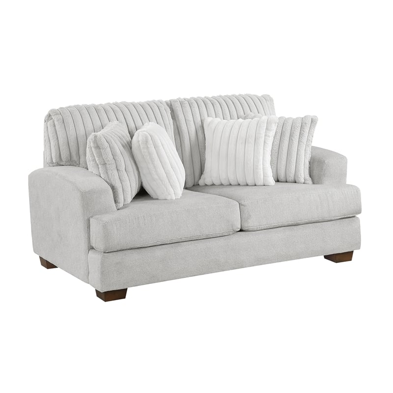 Pemberly Row Microfiber Sofa Channel Tufted with Decor Pillows in Light Gray