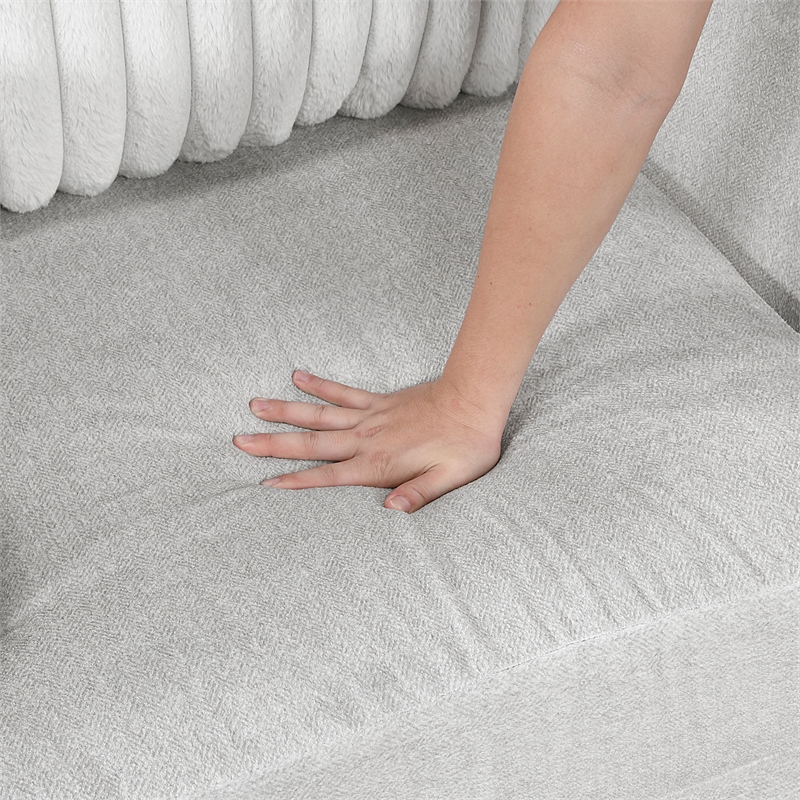 Pemberly Row Microfiber Sofa Channel Tufted with Decor Pillows in Light Gray
