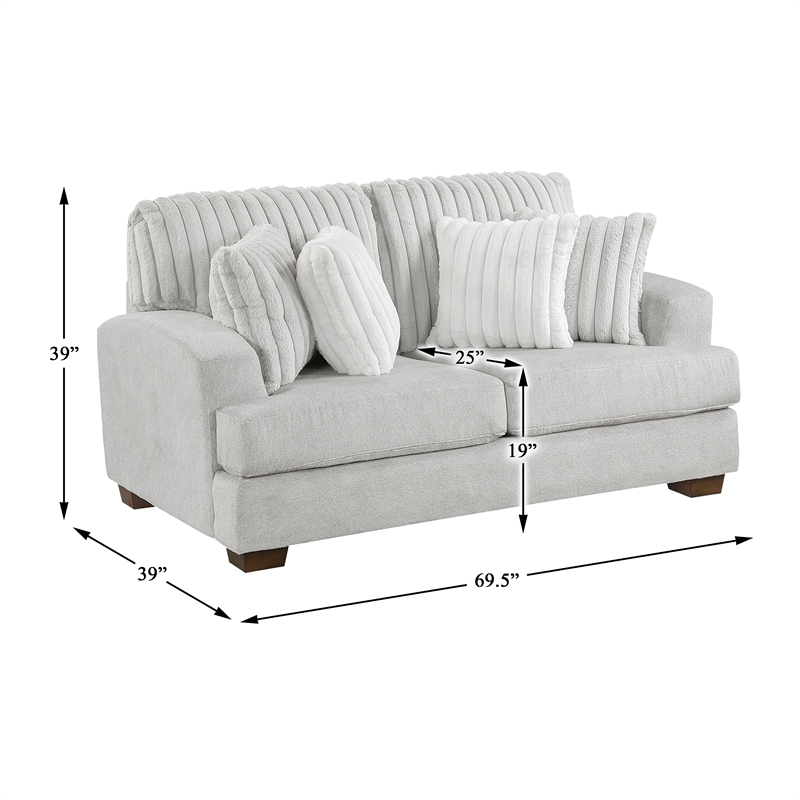 Pemberly Row Microfiber Sofa Channel Tufted with Decor Pillows in Light Gray