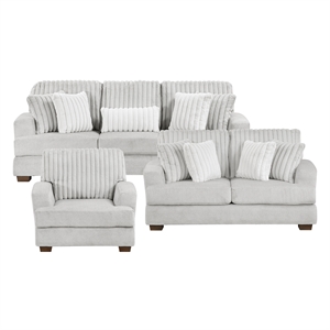 Pemberly Row Microfiber Sofa Channel Tufted with Decor Pillows in Light Gray