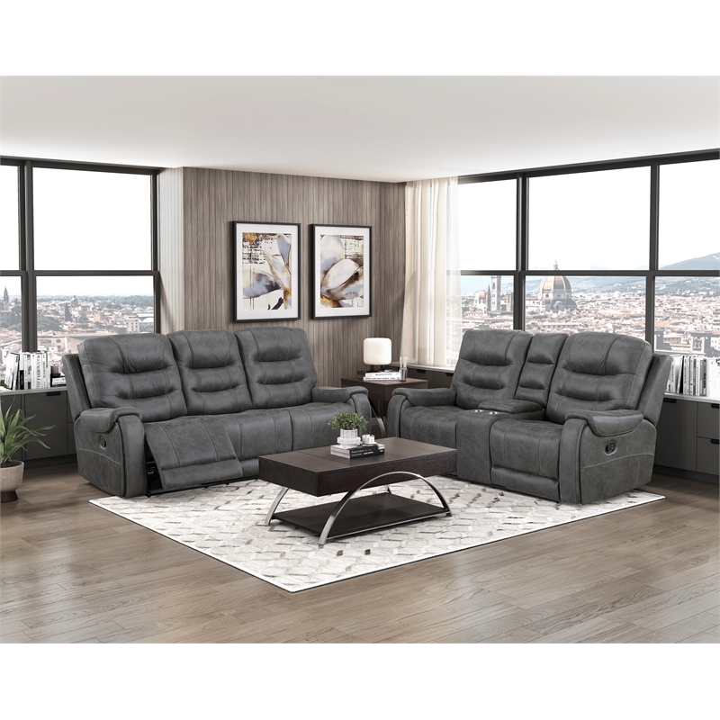 Pemberly Row Microfiber Double Reclining Loveseat with Console in Dark Gray