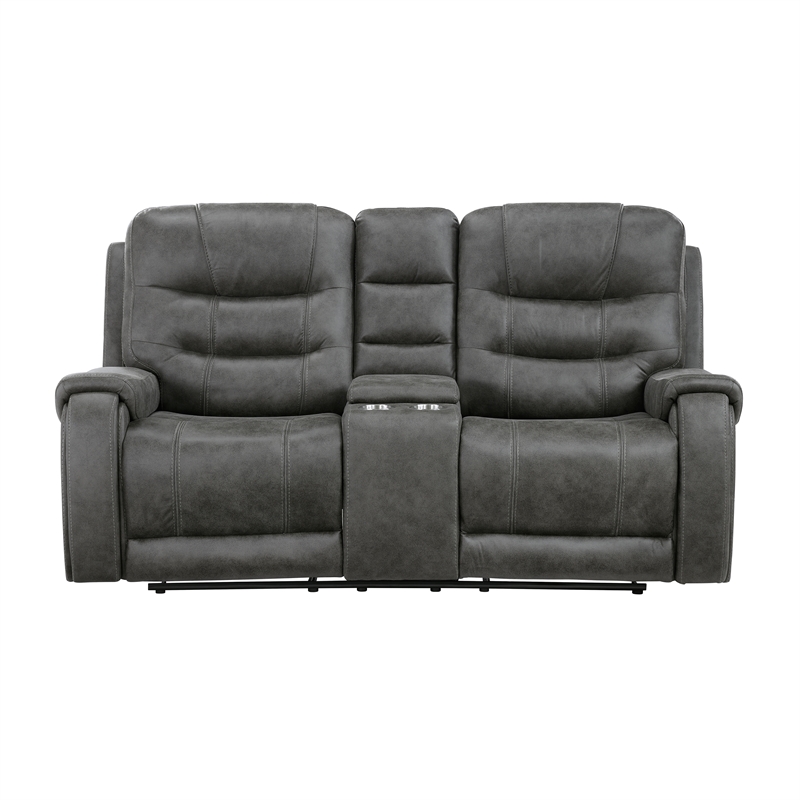 Pemberly Row Microfiber Double Reclining Loveseat with Console in Dark Gray